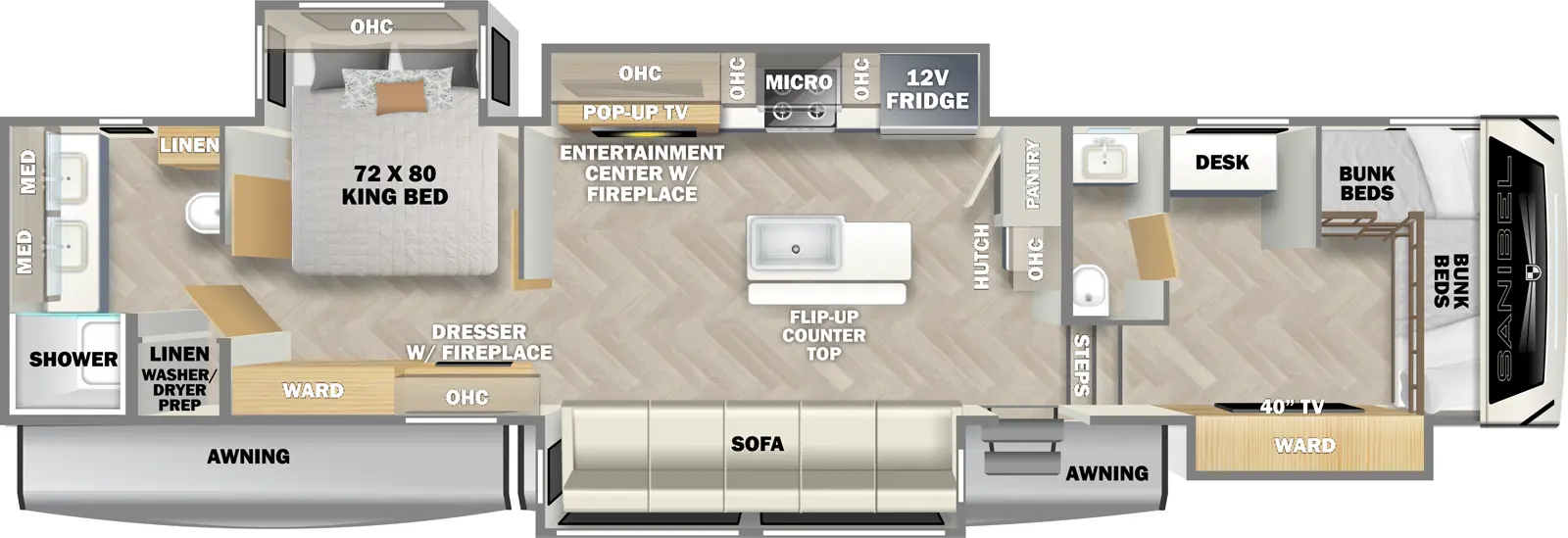 The 3952FBWB has one entry and three slideouts. Exterior features two awnings. Interior layout front to back: front bunk room with bunk beds along front and off-door side wall, door side wardrobe slideout with TV, off-door side desk, and off-door side half bathroom; two steps down to main living area and entry door; hutch with overhead cabinet and pantry along inner wall; off-door side slideout with 12 Volt refrigerator, overhead cabinet, microwave, cooktop, entertainment center with pop-up TV, overhead cabinets, and fireplace below; door side sofa slideout; kitchen island with sink and flip-up counter top; bedroom with off-door side king bed slideout and overhead cabinet, and door side dresser with fireplace, overhead cabinet, and wardrobe; rear full bathroom with two sinks and medicine cabinets, linen closet, and linen closet with washer/dryer prep.